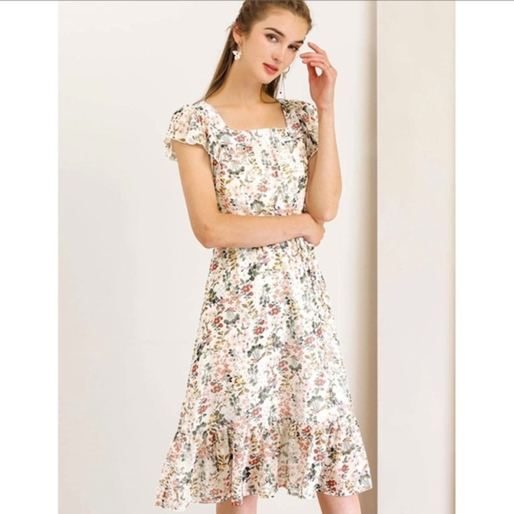 NWT Allegra K Floral Chiffon Ruffled Midi Dress
